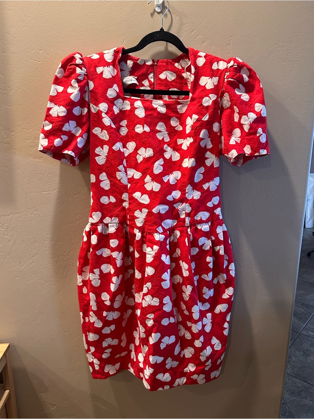 David Warren Saks Fifth Avenue Red White Ginkgo Puff Sleeve Dress 10 - Vintage